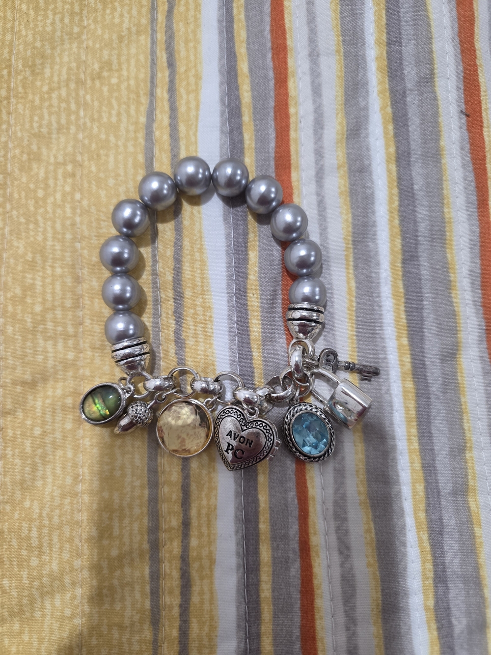 Avon Silver-Tone Gray Pearl Charm Bracelet with Multicolor Gem Accents